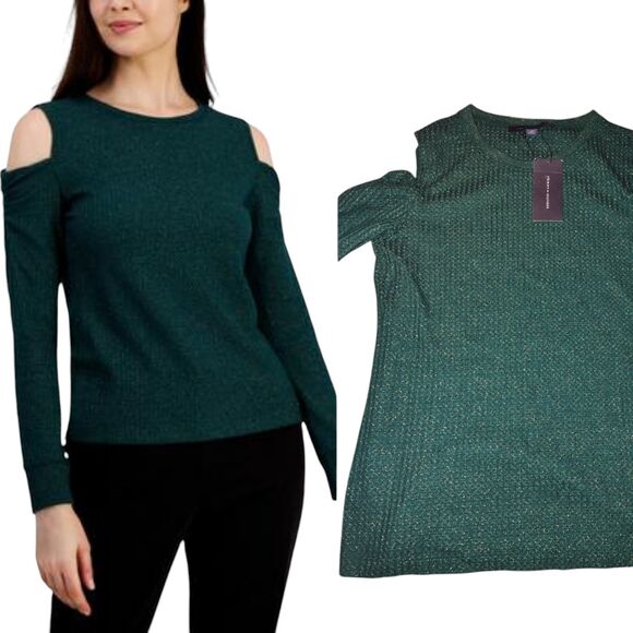 Tommy Hilfiger Womens Top Sz MED Metallic Cold Shoulder T-Shirt In Green & Gold - Picture 1 of 9